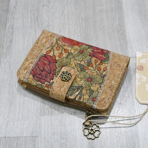 Portefeuille pour femme en liège naturel compact et imperméable, un cadeau végan , utile et pratique, porte-cartes, motif fleurs