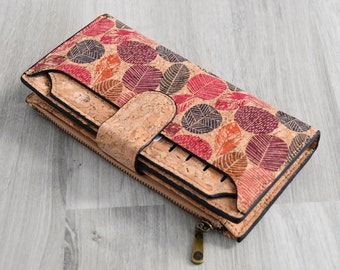 Cork wallet, lots of storage, natural cork vegan wallet, handmade cork wallet with leaf pattern, cork fabric