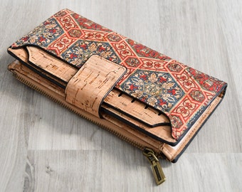 Cork wallet, lots of storage, natural cork vegan wallet, handmade cork wallet with hexagon mosaic pattern
