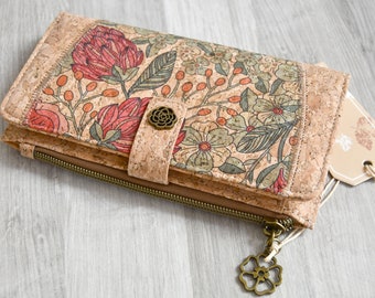 Handmade natural cork wallet, an original, useful and practical vegan gift, cork card holder, flower pattern