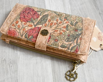 Portefeuille artisanal en liège naturel, un cadeau végan original, utile et pratique, porte-cartes en liège, motif fleurs