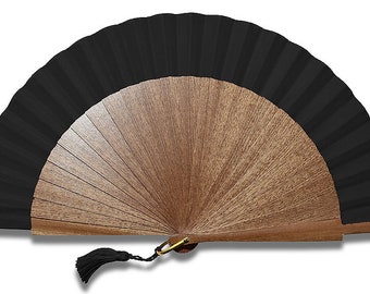 Ventaglio artigianale Aura nero in legno esotico di sipo e tessuto di cotone, ventaglio per uomo/donna, incisione personalizzata offerta