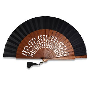 Handcrafted black fan in exotic sipo wood, original women&#39;s hand fan, personalized engraving offered!