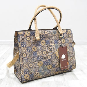 Bolso de corcho para mujer, bolso bandolera hecho a mano, idea de regalo para bolso vegano original azul con patrones de mosaico