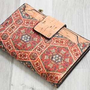 Cartera de corcho, mucho almacenamiento, cartera de corcho natural vegana, cartera de corcho artesanal, patrones de mosaico
