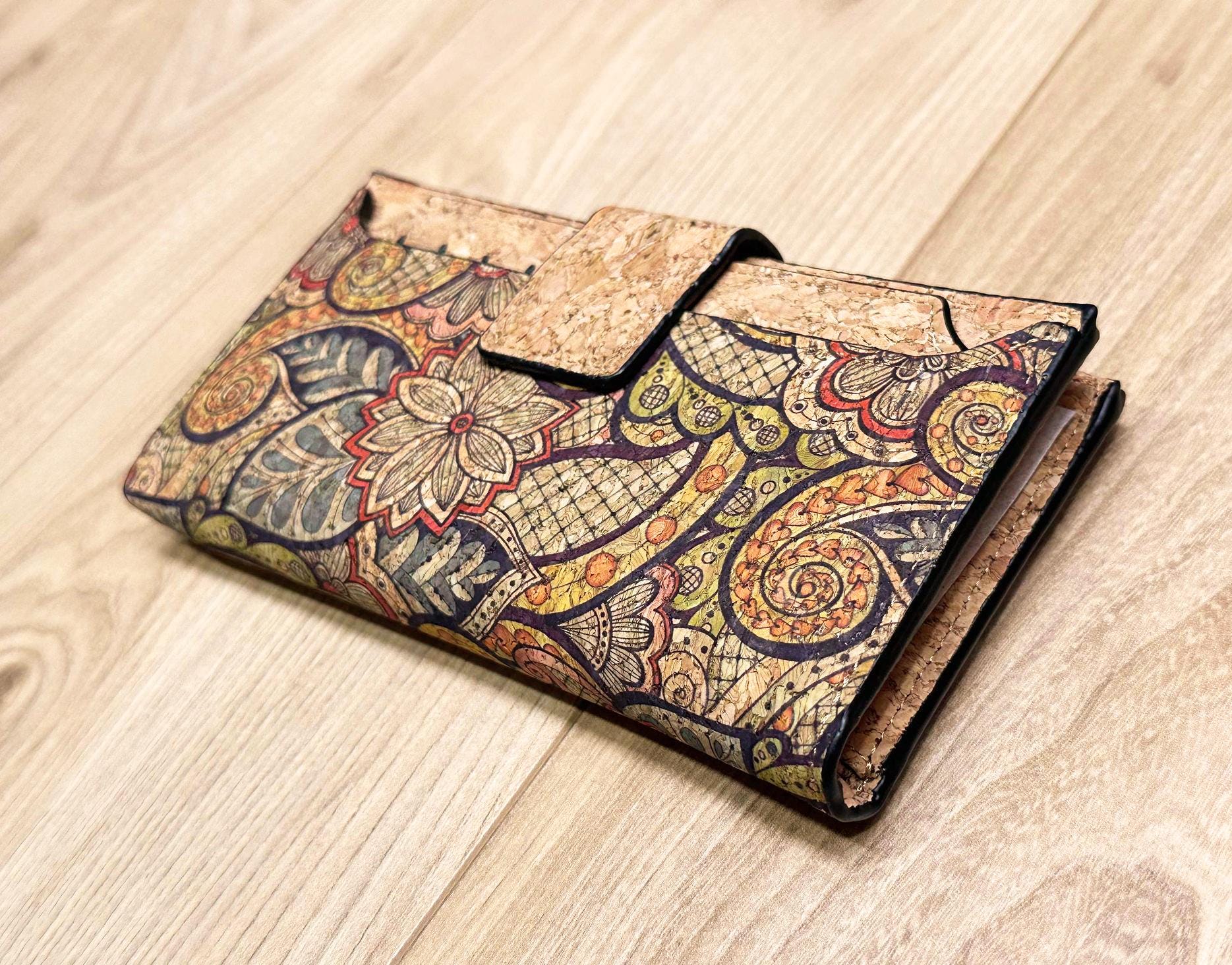 Cork wallet, original gift idea for vegan, cork Spanish crafts with mandala pattern