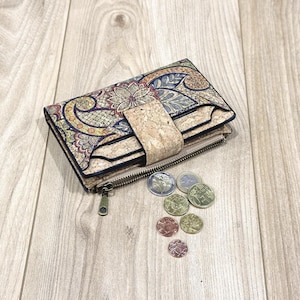 Portefeuille femme en liège motif bohème - Porte-monnaie vegan - Accessoire écoresponsable artisanal - Cadeau nature éthique