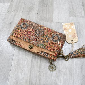 Cartera grande de corcho suave con motivos hexagonales, con tarjetero desmontable, idea de regalo original y práctica para mujeres veganas