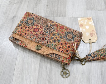 Grand porte-monnaie souple en liège motifs hexagones, avec porte-carte détachable, idée cadeau originale et pratique pour femme vegan