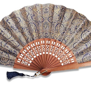 Handcrafted blue and gold gold fan in pear wood and fabric, Spanish hand fan, personalized engraving offered!