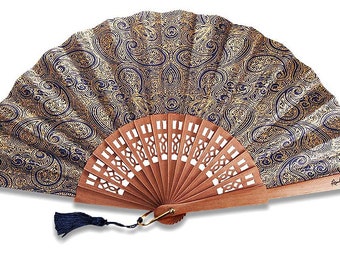 Handcrafted blue and gold gold fan in pear wood and fabric, Spanish hand fan, personalized engraving offered!