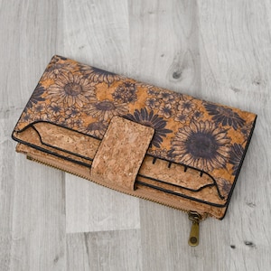 Cork wallet for women, vegan gift idea with flower pattern