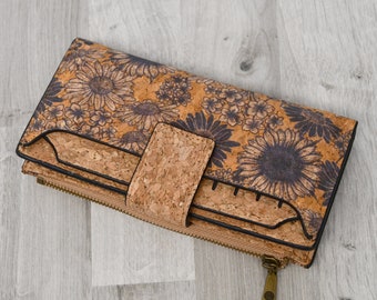 Women&#39;s cork wallet, vegan gift idea with flower pattern