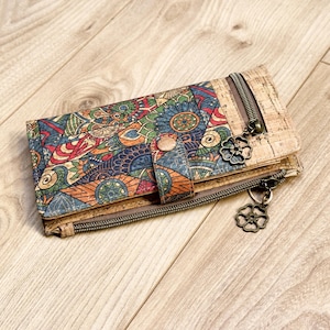 Portefeuille en liège pour femme, idée cadeau vegan motif floral et géométrique, pratique multiple rangements