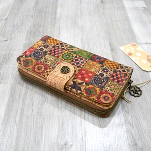 Cartera grande de corcho impermeable con estampado de mosaico, idea de regalo para mujeres veganas, útil y moderna, estampado portugués