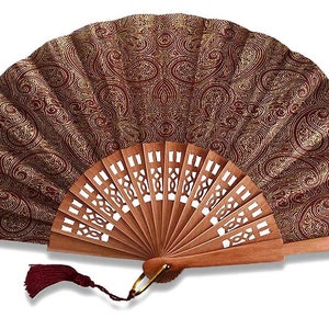 Handcrafted burgundy and gold-gold fan made of pear wood and fabric, Spanish hand fan, personalized engraving offered!