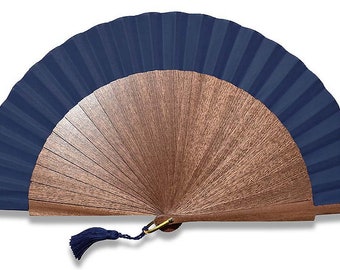 Eventail artisanal Aura bleu en bois exotique de sipo et tissu en coton, ventilateur à main pour homme/femme, gravure personnalisée offerte