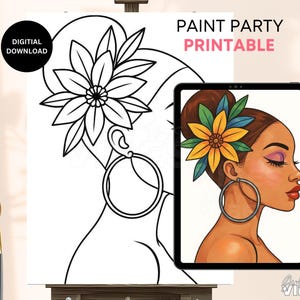 Puede incluir: Imagen de descarga digital de una mujer con una flor en el pelo y pendientes de aro grandes. La imagen se muestra en un lienzo y una tableta. El texto "PAINT PARTY PRINTABLE" es visible.