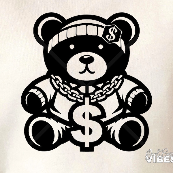 Urban Teddy bear SVG, Cool Teddy Bear svg, Money Sign svg, Jewelry Chain svg, Money png, dxf, cut file