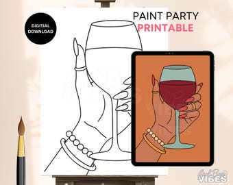Sip & Paint Leinwandvorlage – Weinglas – Vorgezeichnete DIY Malvorlage – Schablone PNG Gliederung