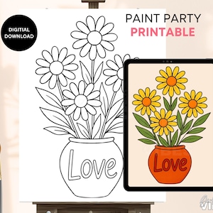 Puede incluir: Una imagen de descarga digital que presenta un ramo de flores de margaritas en blanco y negro en un jarrón con la palabra "Love". Una tableta muestra una versión en color de la misma imagen. El texto dice "Paint Party Printable" y "Digital Download".