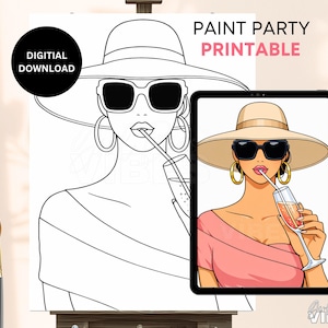 Szablon do druku na płótnie „Panieński wieczór” – Kobieta w kapeluszu plażowym – Wstępnie narysowany szablon do malowania DIY – Szablon do druku w formacie PNG