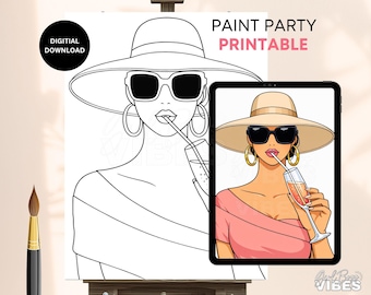Ladies Night Sip & Paint Canvas Printable Template – Woman with Beach Hat – Pre‑Drawn DIY Painting Template – Printable Stencil PNG Outline