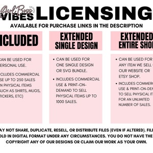 May include: Pink and white graphic with the text "Girl Boss Vibes" and "Licensing" in black. The graphic outlines the licensing terms for using designs for personal and commercial use. The graphic includes three sections: "Included", "Extended Single Design", and "Extended Entire Shop".