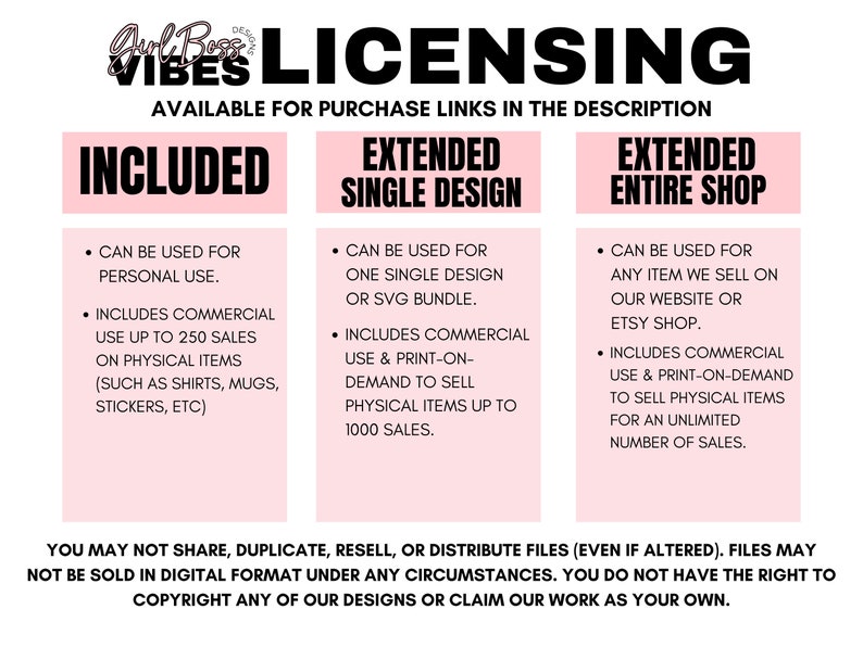 May include: Pink and white graphic with the text "Girl Boss Vibes" and "Licensing" in black. The graphic outlines the licensing terms for using designs for personal and commercial use. The graphic includes three sections: "Included", "Extended Single Design", and "Extended Entire Shop".