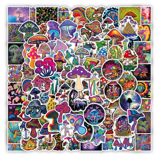 Trippy Psychedelic Mushroom PVC Stickers, Waterproof, Vibrant, 3-7cm - Pack of 100 - Great Stocking Stuffers