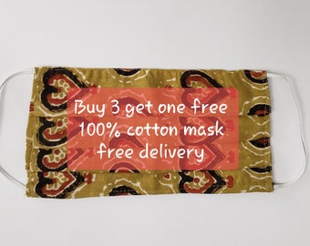 Adults face mask ,100 % cotton, washable,breathable , 2 layer ,unisex ,block print,canada mask