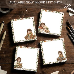 May include: Four square printable sticky notes with a white background and a decorative border of green leaves and flowers. Each note features a different illustration of a child. The text "NEW PRINTABLE STICKY NOTES AVAILABLE NOW IN OUR ETSY SHOP" is at the top.