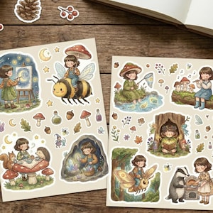 Könnte beinhalten: Zwei Stickerbögen mit skurrilen Illustrationen von Kindern in der Natur. Die Aufkleber zeigen Szenen mit Pilzen, Bienen und Waldtieren. Die Farbpalette umfasst sanfte Grüntöne, Brauntöne und Blautöne und erzeugt eine bezaubernde Ästhetik.