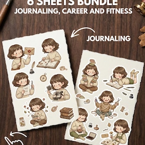 May include: A bundle of six sheets with illustrations for journaling, career, and fitness. The sheets feature cartoon images of a person engaged in various activities, such as writing, reading, and using a camera. The text on the image says "6 SHEETS BUNDLE JOURNALING, CAREER AND FITNESS".