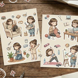 May include: Sticker sheet featuring illustrations of a woman engaged in various relaxing activities. The images include reading, baking, knitting, working on a laptop, gardening, stretching, and painting. The text "WILLOW OFF-DUTY THE WEEKEND EDIT" is at the top.