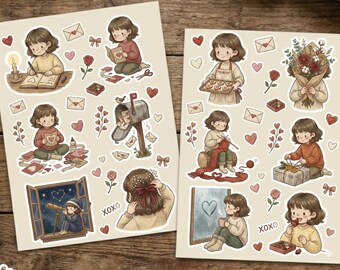 Hoja de pegatinas "San Valentín acogedor" de Willow / Estilo cottagecore vintage, amor propio y correo postal / Bonitas pegatinas de acuarela para agenda