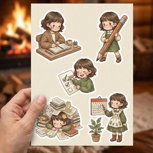 Op de afbeelding: Een stickervel met illustraties van een meisje in studiegerelateerde sc&egrave;nes. De afbeeldingen tonen een meisje dat schrijft, een potlood vasthoudt, een lijst controleert, omringd door boeken en naar een kalender wijst.