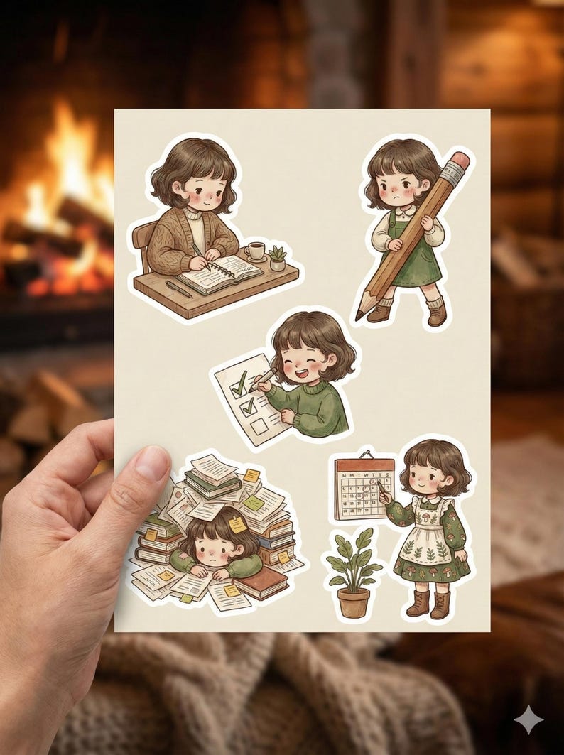 Op de afbeelding: Een stickervel met illustraties van een meisje in studiegerelateerde sc&egrave;nes. De afbeeldingen tonen een meisje dat schrijft, een potlood vasthoudt, een lijst controleert, omringd door boeken en naar een kalender wijst.
