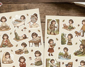 Lote de pegatinas Ground and Glow: Colección Rooted and Rested / Pegatinas digitales imprimibles de estética hygge, autocuidado y aventura en el bosque.