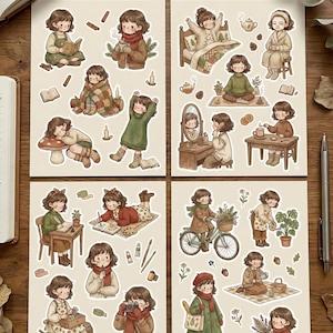 Puede incluir: Cuatro hojas de pegatinas con ilustraciones de una niña en varias escenas acogedoras. Las pegatinas representan a la niña leyendo, tomando té y relajándose. La paleta de colores incluye marrones, verdes y rojos cálidos.