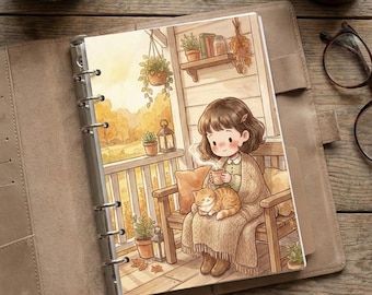 Impresión digital Hygge / Porche de sauce con gato / Arte de pared imprimible / Planificador y divisor de estilo cottagecore / Fondo de pantalla acogedor para teléfono