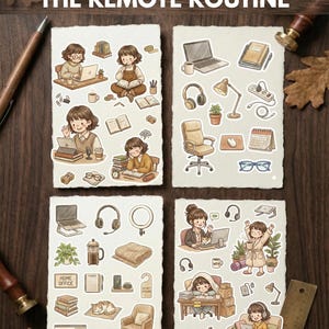 Puede incluir: Cuatro tarjetas ilustradas con el tema del trabajo remoto, con imágenes de portátiles, libros, auriculares y personas trabajando desde casa. El texto "THE REMOTE ROUTINE" está en la parte superior.