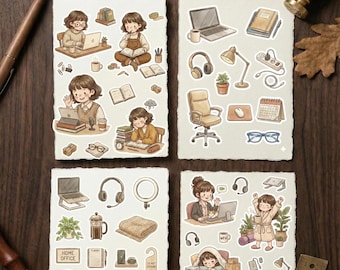 Pegatinas digitales imprimibles Willow para trabajar desde casa y fuera de ella, paquete acogedor, planificadores PNG para trabajar desde casa, set de scrapbooking estético