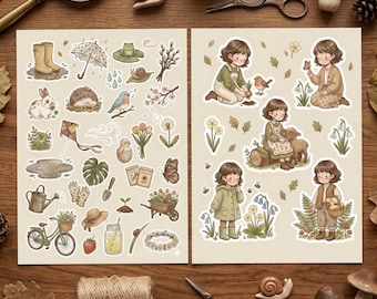 Nest & Nurture: Paquete de pegatinas digitales "Sembrado y Suave" / Jardinería de primavera, Criaturas del bosque, Nueva vida / Planificador digital imprimible en PNG