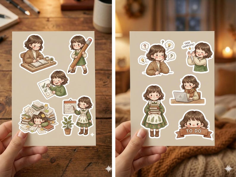Op de afbeelding: Twee vellen stickers met illustraties van een stripmeisje in verschillende poses. De stickers beelden het meisje uit dat studeert, een potlood vasthoudt en op een laptop werkt. De stickers zijn in een warm kleurenpalet.