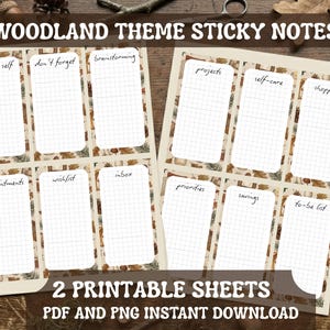 以下が含まれることがあります： 森をテーマにした付箋の印刷可能な2枚のシート。各シートには、グリッド線のある6つの長方形のメモセクションがあります。「自分へのメモ」、「予定」などの用語でメモがラベル付けされています。背景には森のパターンがあります。