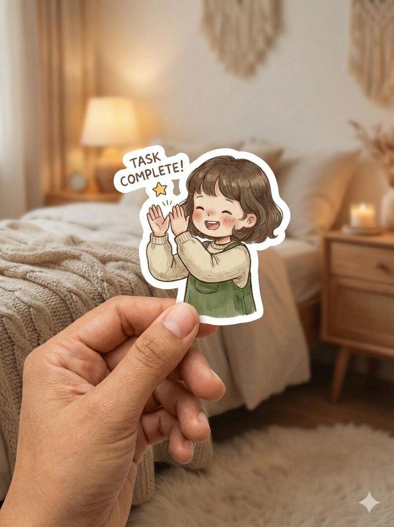 Op de afbeelding: Een sticker met een cartoon illustratie van een lachende persoon die klapt. De persoon heeft bruin haar en draagt een groene overall jurk en een beige trui. De tekst op de sticker luidt "TASK COMPLETE!" met een ster.