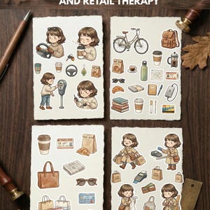 May include: A collection of illustrated stickers with a theme of daily life, including commuting, coffee, and shopping. The stickers feature images of a bicycle, coffee cups, shopping bags, and a person. The text at the top reads "THE COMMUTE, CAFFEINE AND RETAIL THERAPY."