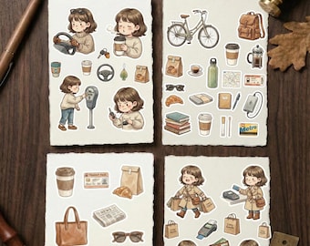 Paquete de pegatinas "El viaje al trabajo, la cafeína y la terapia de compras" / Colección "Cielos grises y rutina urbana" / Vida urbana acogedora, estética de compras