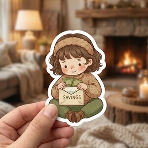 Op de afbeelding: Een sticker met een cartoonillustratie van een persoon die een envelop met de tekst "SAVINGS" met geld vasthoudt. De persoon draagt een bruine trui en een groene broek. De achtergrond is wazig.